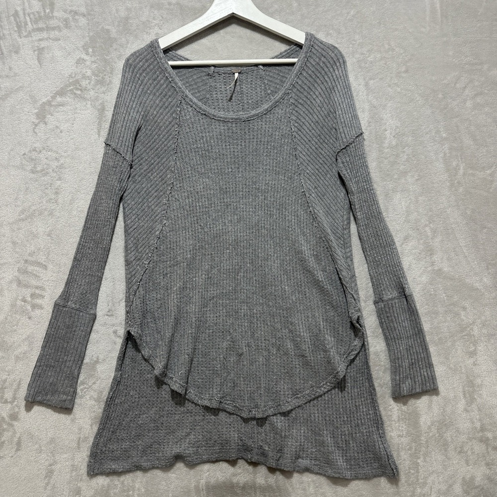 Free People Ventura Drippy Thermal Top XS Gray Raglan Waffle Knit Long Sleeve